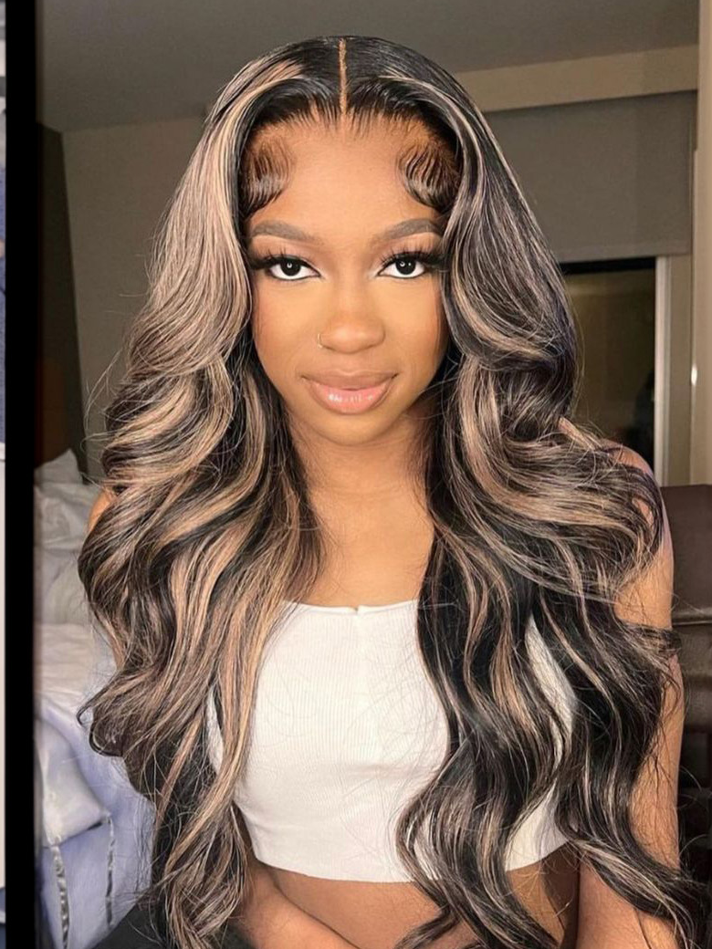 Balayage Highlight 13x5 T Part Lace Wig Body Wave Wig Shadow Root Blonde Highlight Bouncy Hair