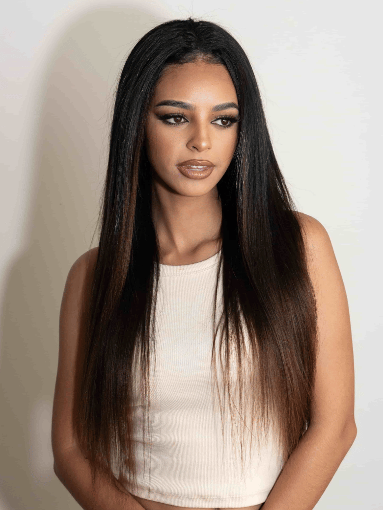 Glueless EasiContour™ V Part With Invisi Drawstring Black to Chestnut Brown Ombre Yaki Wig
