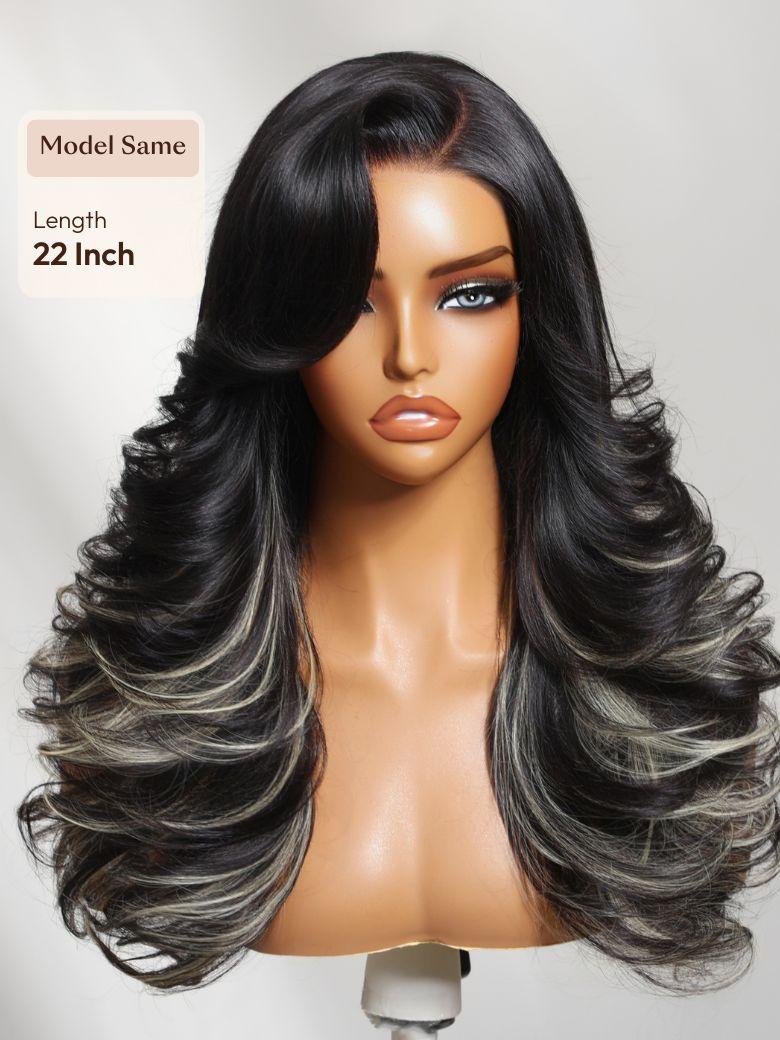 UNice Bye-Bye Slip™ 7x5 Lace Black & Ash Highlights on Black Hair Feathered Hairstyles 200% Density Wig with Side Bangs