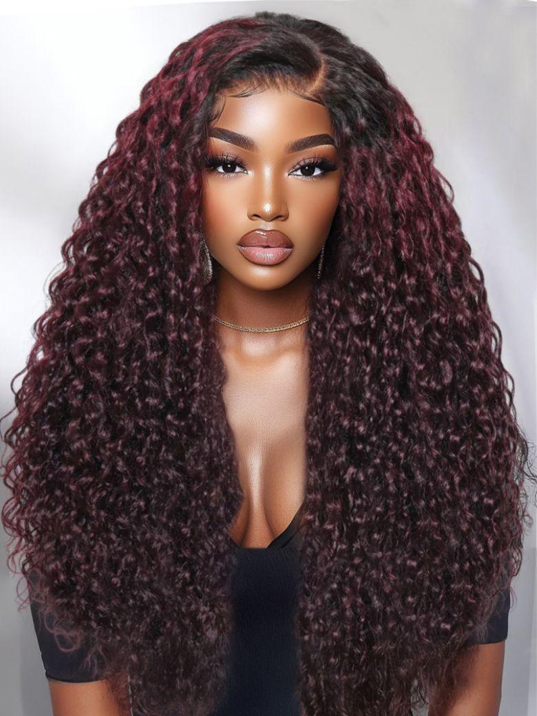 UNice 13x4 Pre-Everything Wig Burgundy Plum With Dark Roots Water Wave Wig