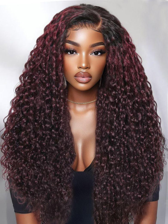 UNice 13x4 Pre-Everything Wig Burgundy Plum With Dark Roots Water Wave Wig