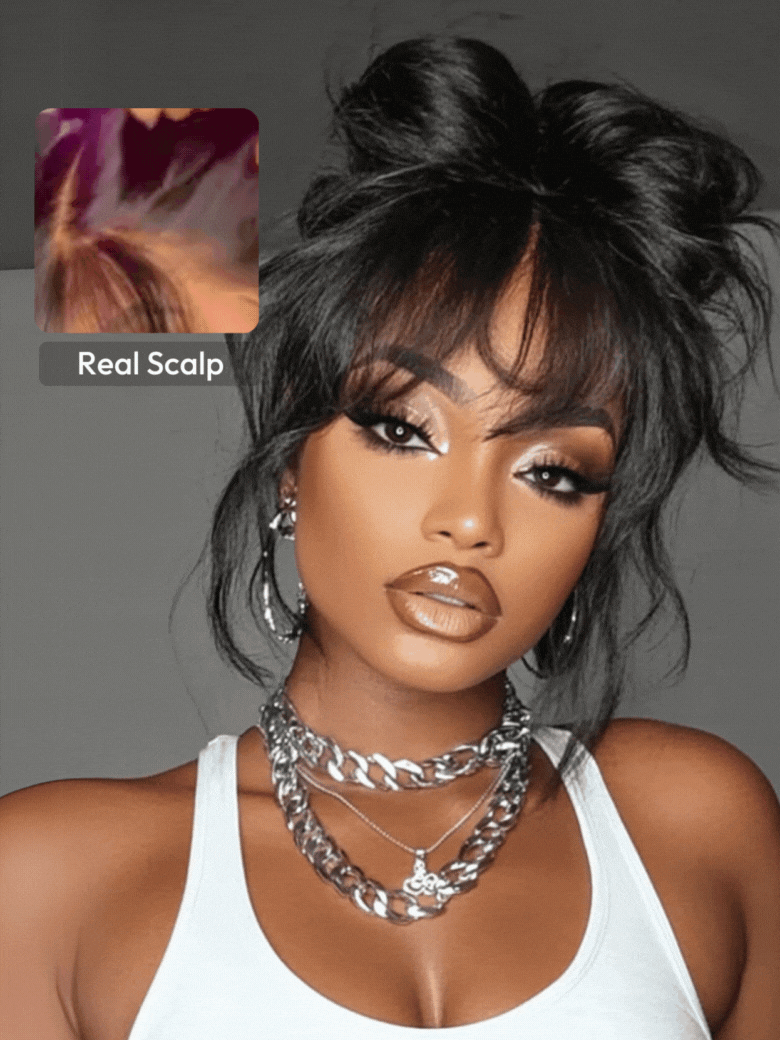 UNice 7x5 Bye-Bye Knots™ & 13x4 Pre-Everything™ Lace Frontal Black Fluffy Natural Loose Wave Curtain Bangs Wig
