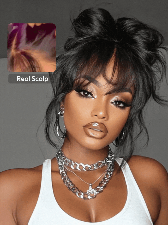 [16"-26"] 7x5 Bye-Bye Knots™ Lace 180% Density Fluffy Natural Loose Wave Curtain Bangs Wig