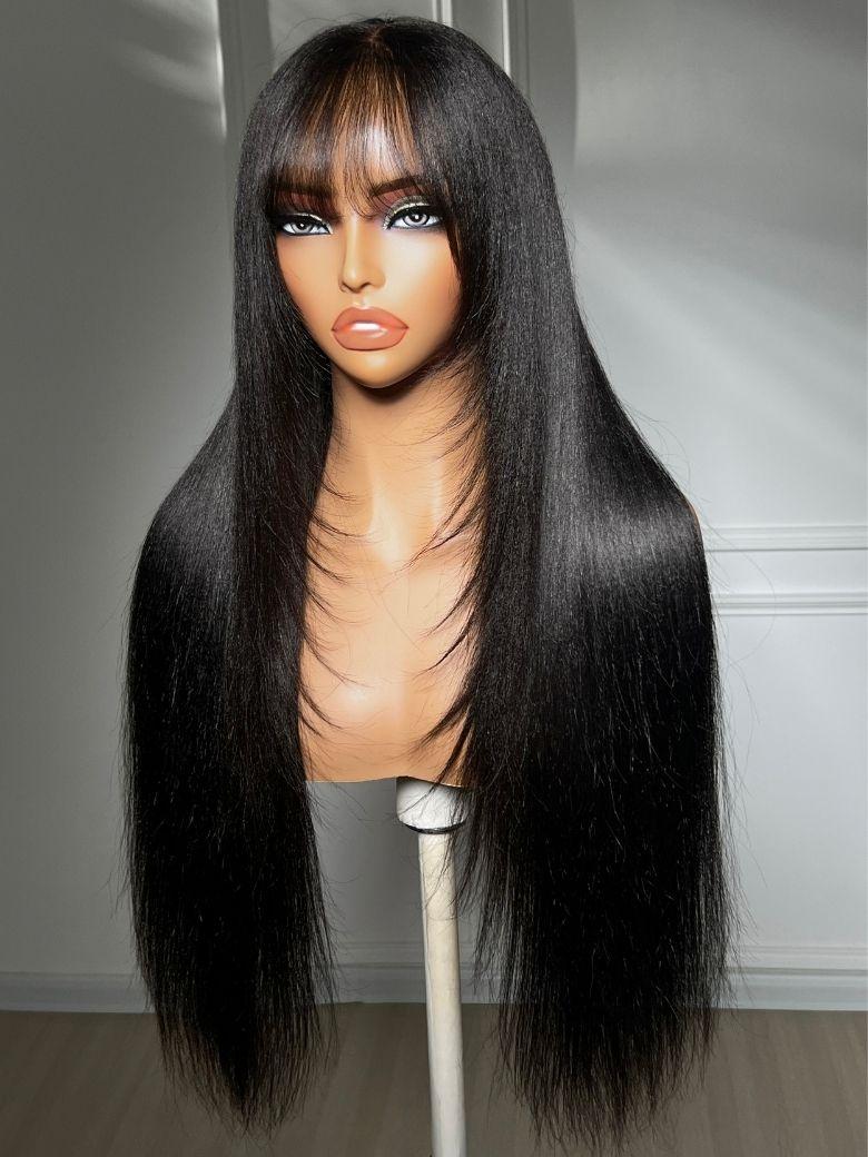 UNice 7x5 Bye Bye Slip™ Lace Black Glueless Long Layered Yaki Straight Drawstring Wig with Wispy Bangs