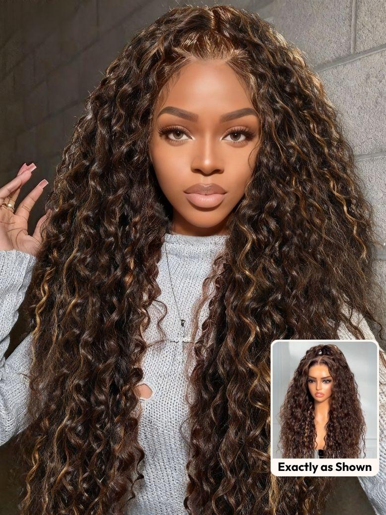 UNice Rich & Radiant 100% Human Hair Bye-Bye Knots™ 7x5 Lace Dark Toffee Brown with Auburn Highlights Water Wave Wig with Invisi Drawstring