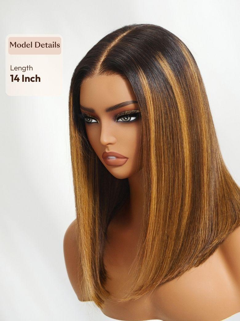 UNice Bye-Bye Knots 7x5 Lace Brown With Blonde Piano Highlights Blunt Bob Wig with Dark Roots