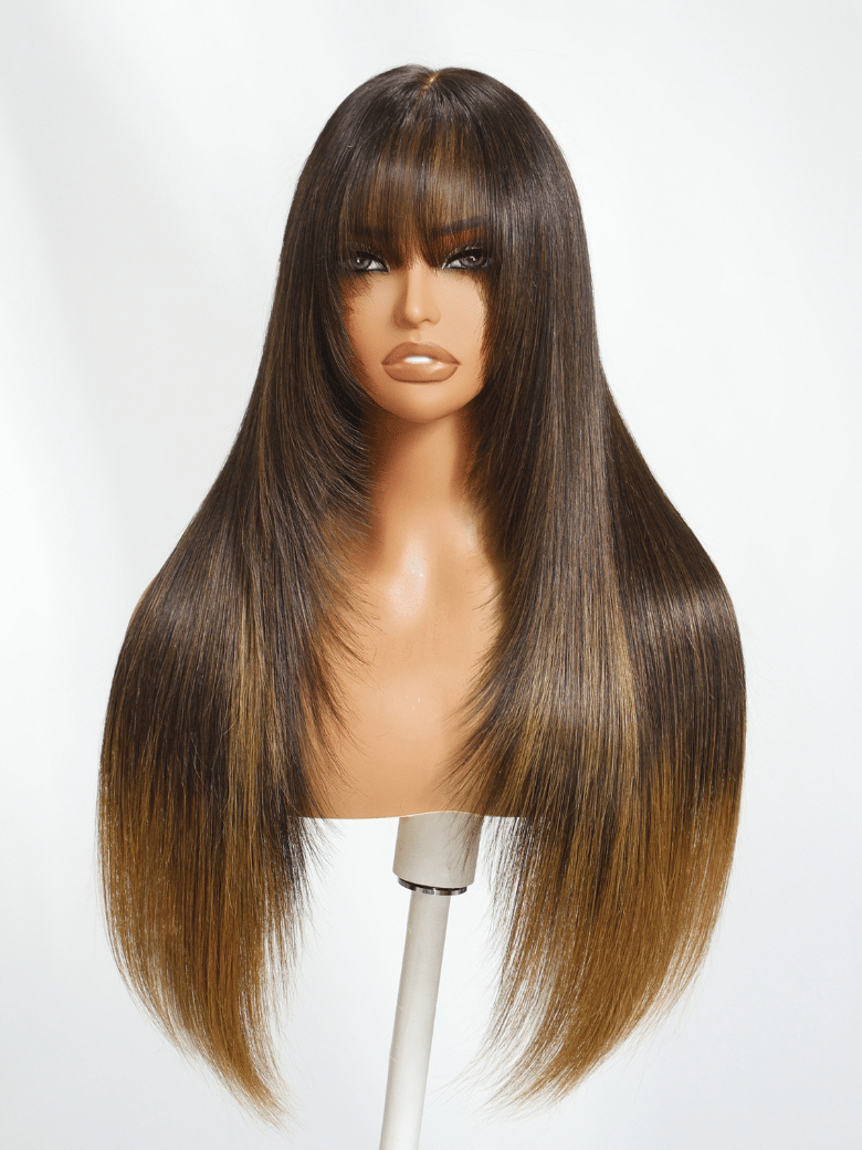 UNice Bye-Bye Knots 7x5 Lace Brown to Blonde Ombre Layered Straight Wig With  Wispy Bangs