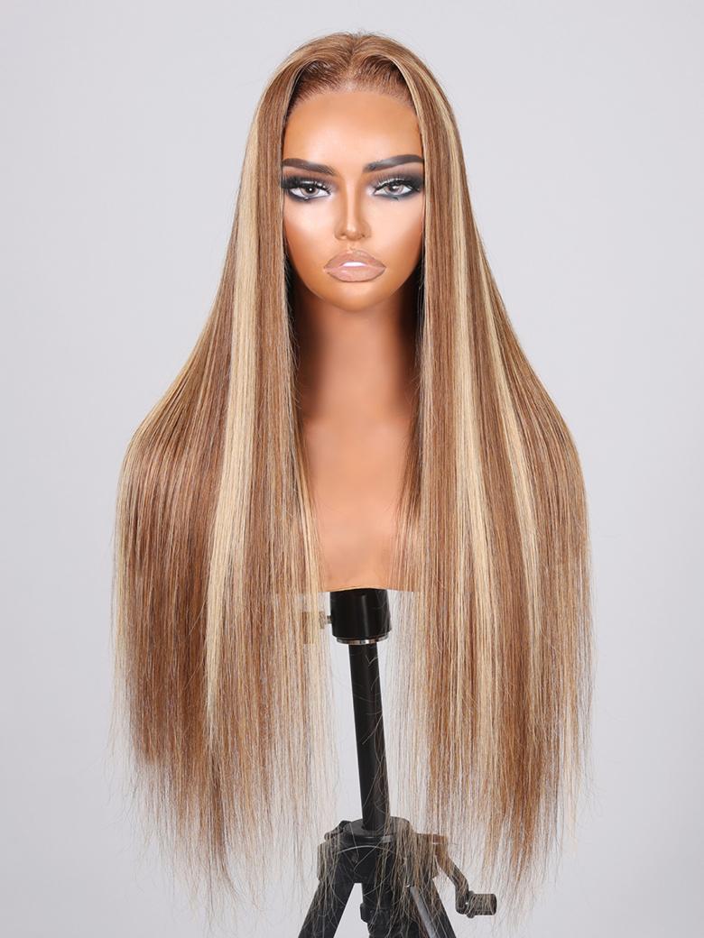 [20"=$105] Put On And Go 6x4.5 Pre Cut Lace with Baby Hair Honey Blonde Highlights Straight Hair Air Wig