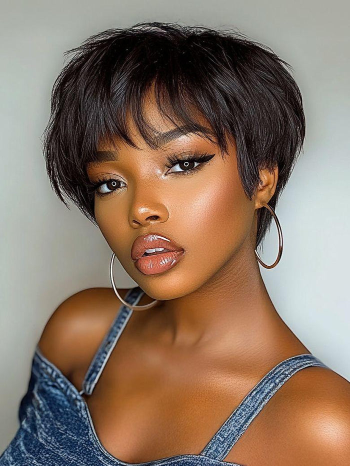 100% Human Hair Glueless Wig Short Pixie Cut Human Hair With Side Bangs