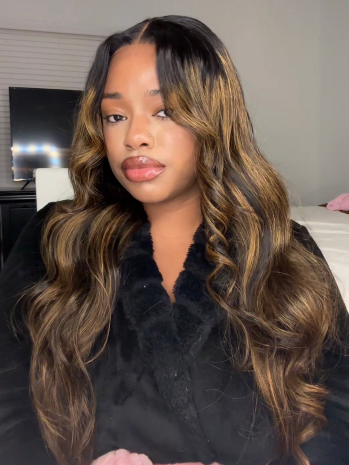 [24"=$129]Balayage Highlight Lace Frontal Wig T Part Breathable Cap Body Wave Wig