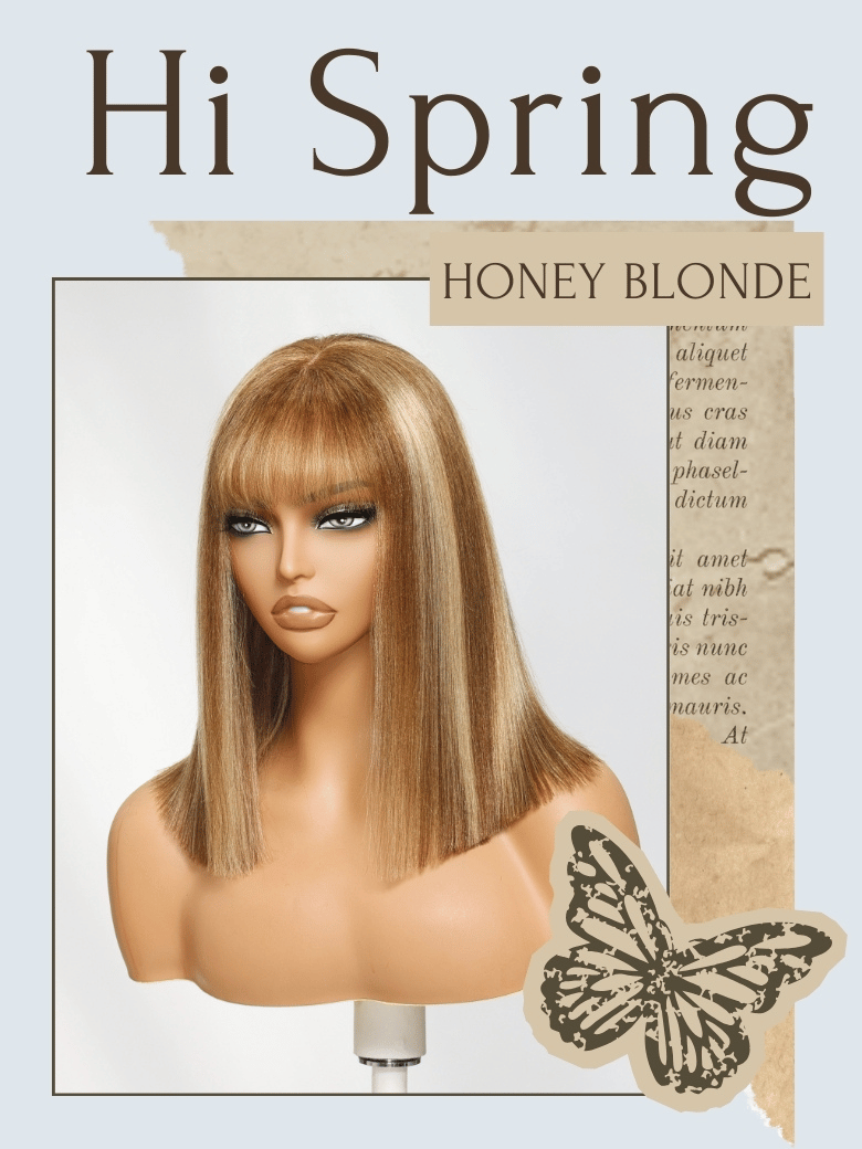UNice Bye-Bye Knots 7x5 Lace Honey Blonde Highlights Yaki Wig with Blunt Bang