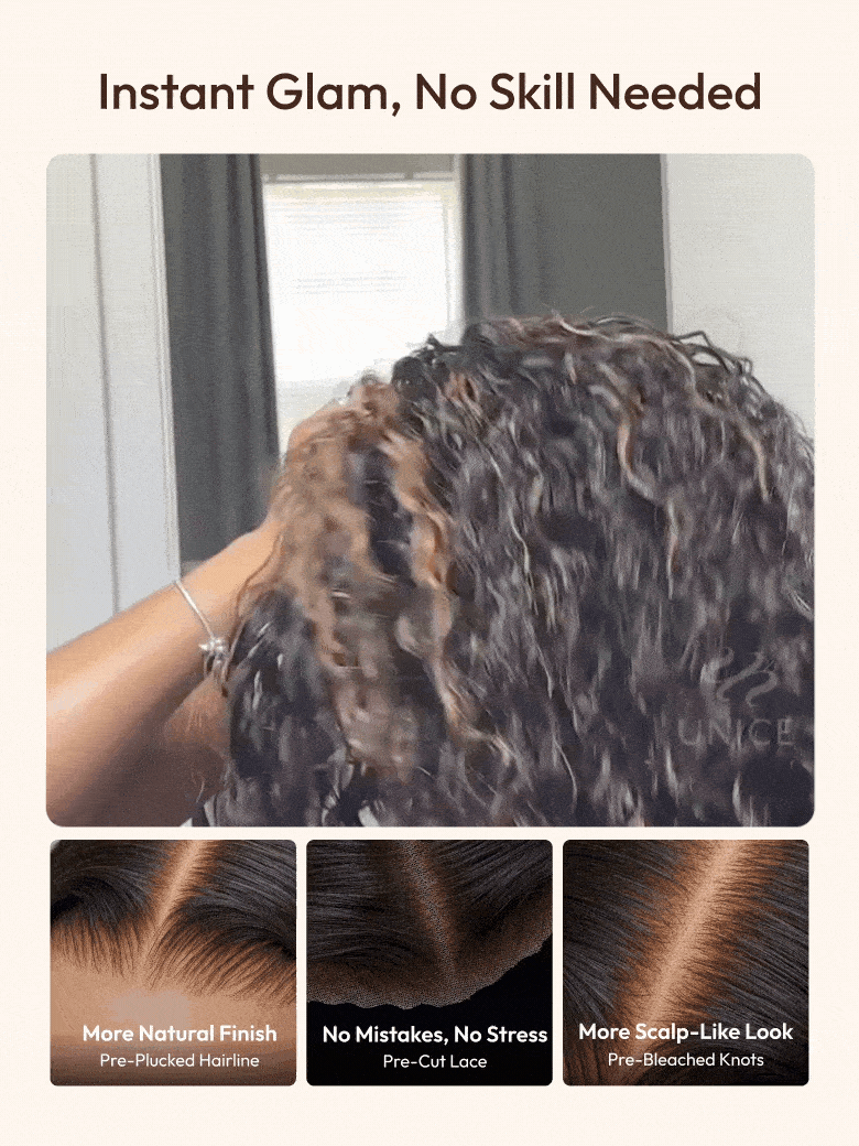 UNice 7x5 Bye-Bye Slip Lace Water Wave Black Wig With Golden Brown Highlights 150% Density Perfect Beach