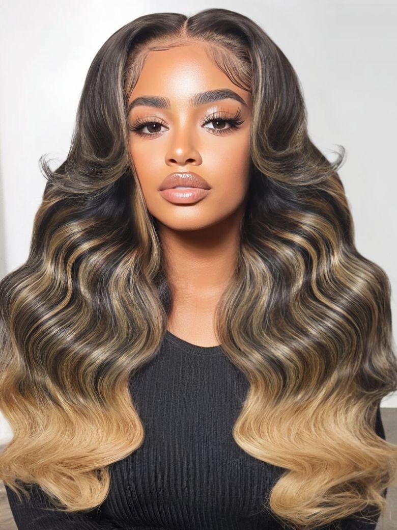 Black With Blonde Highlights 7x5 Bye-Bye Knots™ Glueless Lace Loose Wave Wig With Face Framing Layers