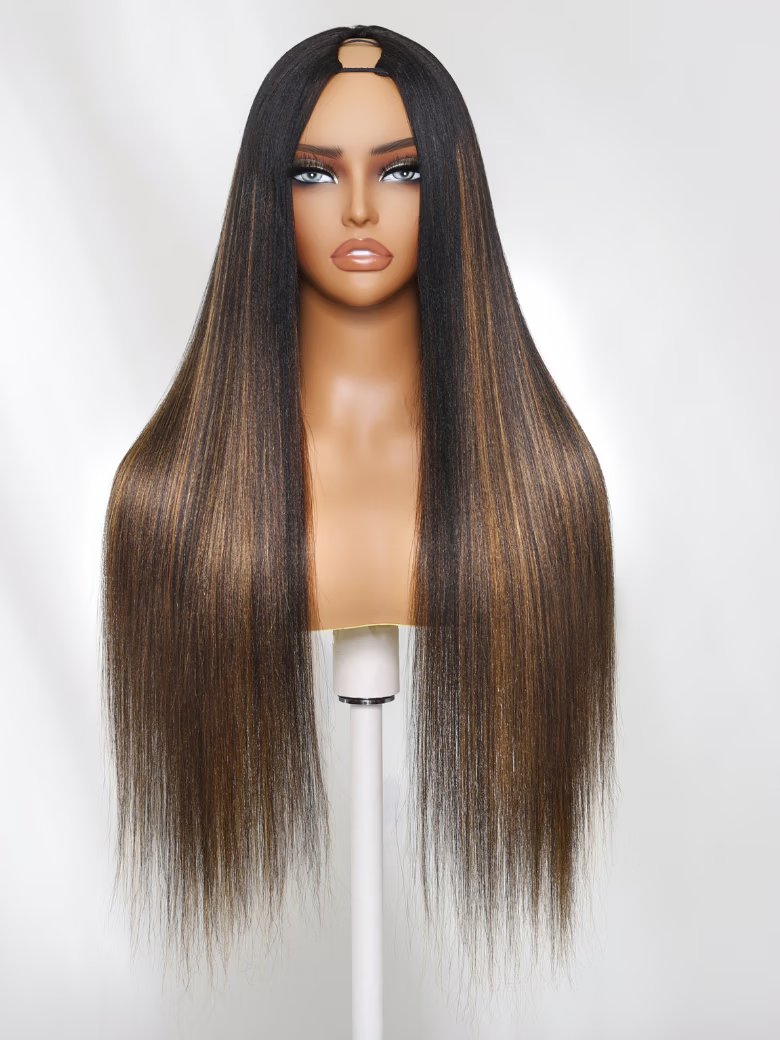 From 20'' UNice 7x5 Bye Bye Knots Yaki Straight With Invisible Drawstring Wig& Brown Ombre V Part Yaki Wig