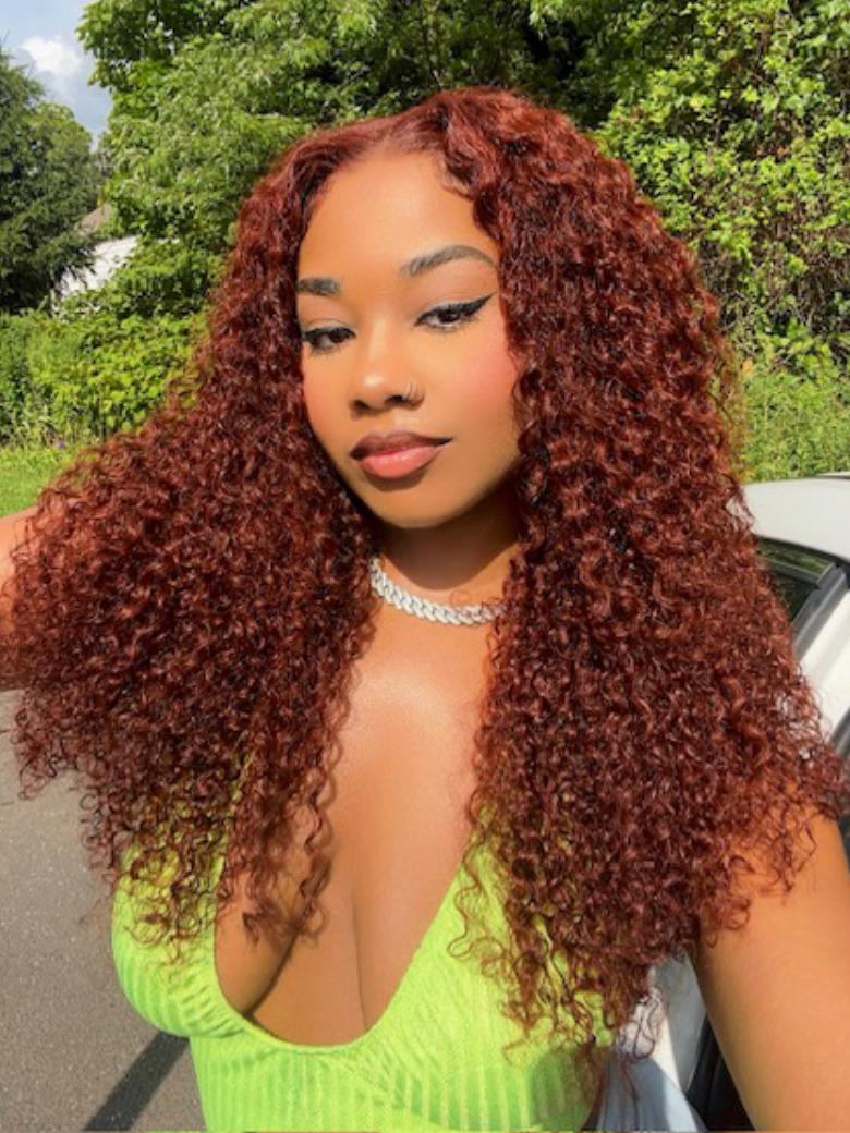 [18"=$17 by installments] 13x4 Lace Frontal Reddish Brown Curly Hair with Babyhair Pre-bleached Knots Human Hair Wig