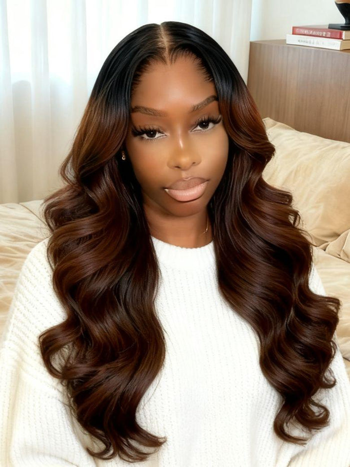 UNice 13x4 Pre-Everything™ Lace Frontal Coffee Brown Loose Wave Glueless Drawstring Wig with Layered Curtain Bangs