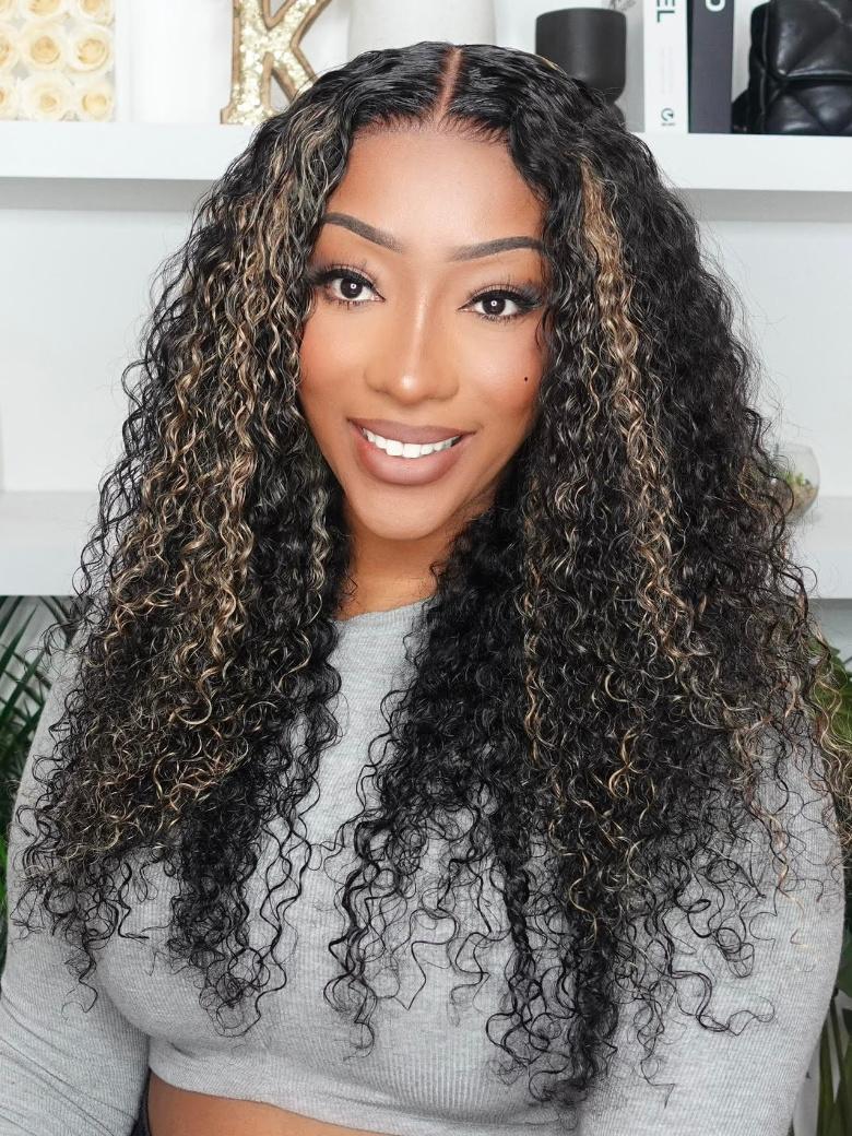 [22"=$112] 180% Density Pre-Cut 6x4.5 Glueless Lace Honey Brown Highlights Jerry Curly Wig With Bleached Knots