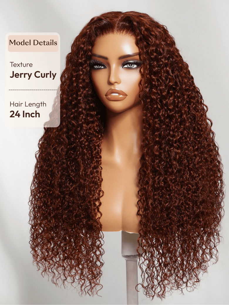 UNice 7x5 Bye-Bye Knots™ Wig Glueless Lace Sunset Jerry Curly for Reddish Brown Drawstring Wig With Bleached Knots 150% Density