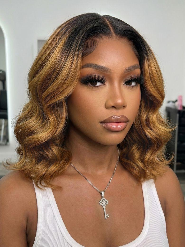 UNice Bye-Bye Knots 7x5 Lace Brown With Blonde Piano Highlights Blunt Bob Wig with Dark Roots