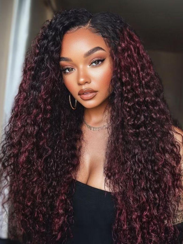 UNice 13x4 Pre-Everything Wig Burgundy Plum With Dark Roots Water Wave Wig
