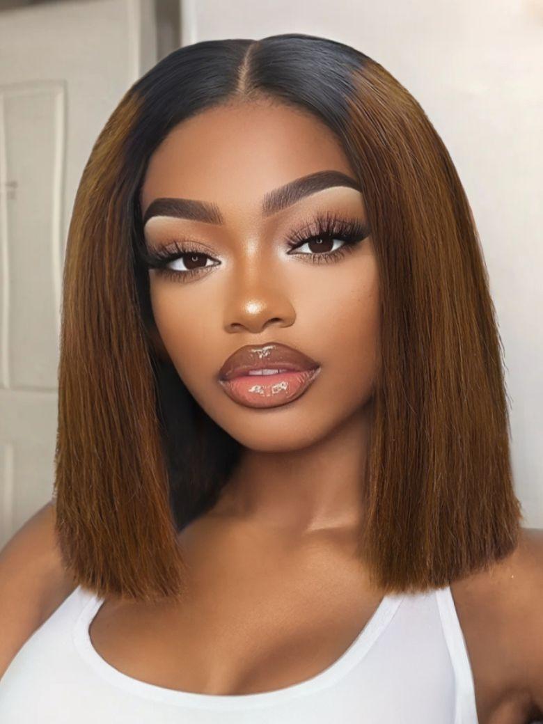 200% Density Wig 2x6 Closure #4 Brown With Dark Root Bob Wig