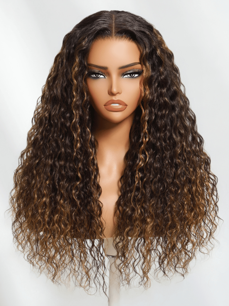UNice Bye-Bye Knots Wig 7x5 Lace Water Wave Espresso Brown with Caramel Highlights Wig 180% Density
