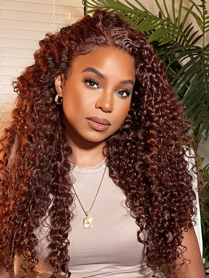 7x5 Bye-Bye Knots™ Wig Glueless Lace Jerry Curly for Reddish Brown Drawstring Wig With Bleached Knots