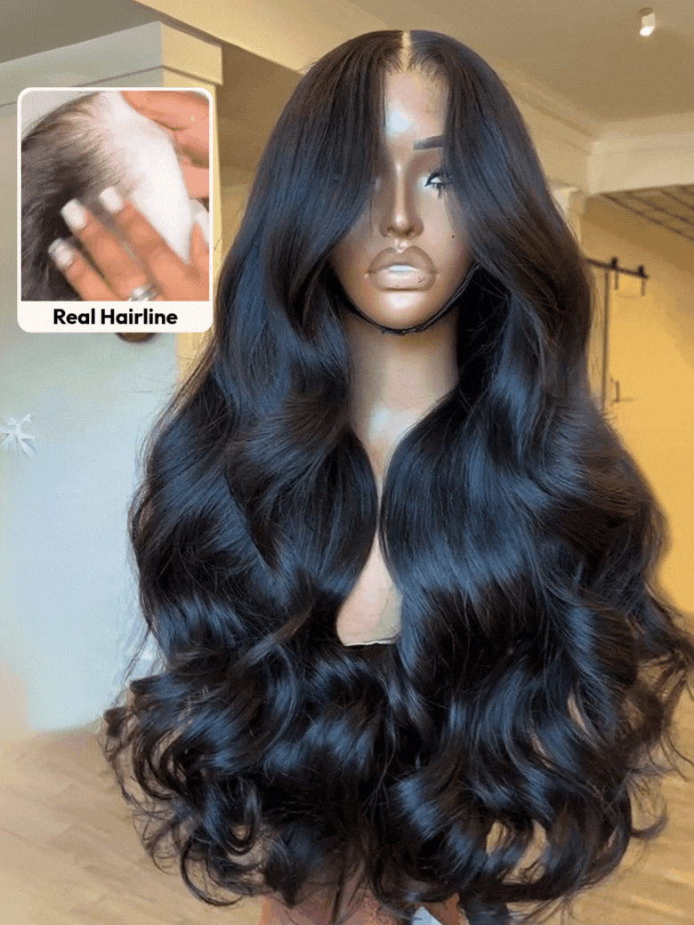 A mannequin head displays a long, wavy, dark put on and go glueless wig with a center part. In the top left corner, an inset labeled Ready To Go shows a close-up of hair inside a box.