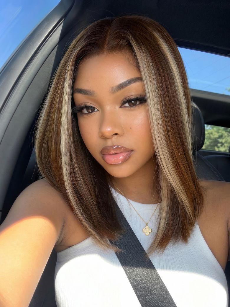 UNice 7x5 Bye Bye Slip™ Lace Glueless Brown with Blonde Skunk Stripe Straight Bob Wig Beginner-Friendly