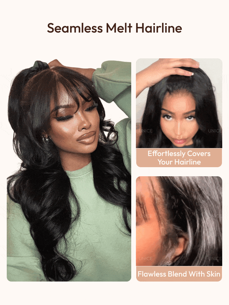 UNice 7x5 Bye-Bye Knots™ & 13x4 Pre-Everything™ Lace Frontal Black Fluffy Natural Loose Wave Curtain Bangs Wig