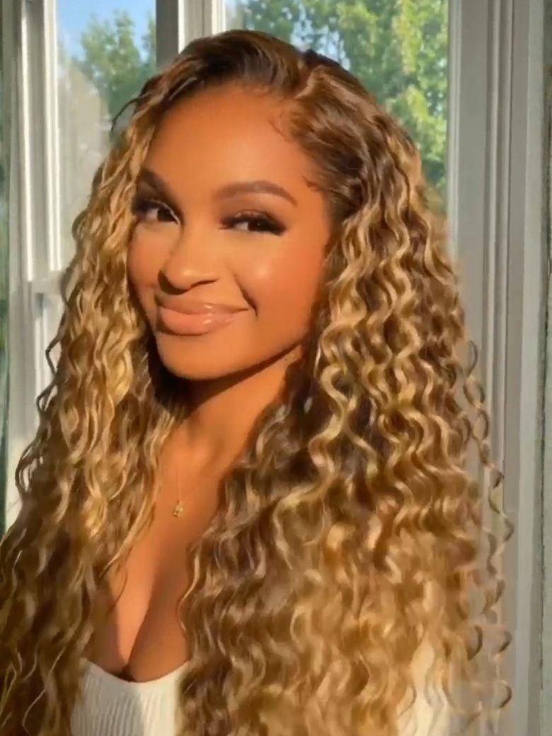 [With Drawstring] Must-Have 7x5 Bye Bye Slip™ Lace Frontal Caramel Brown With Honey Blonde Highlights Water Wave Glueless Wig