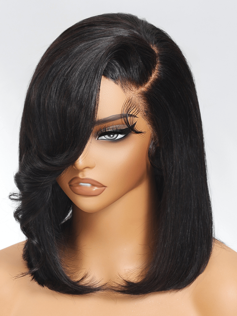 4x4 Lace Closure Black Bob Wig With Side Swept Bangs