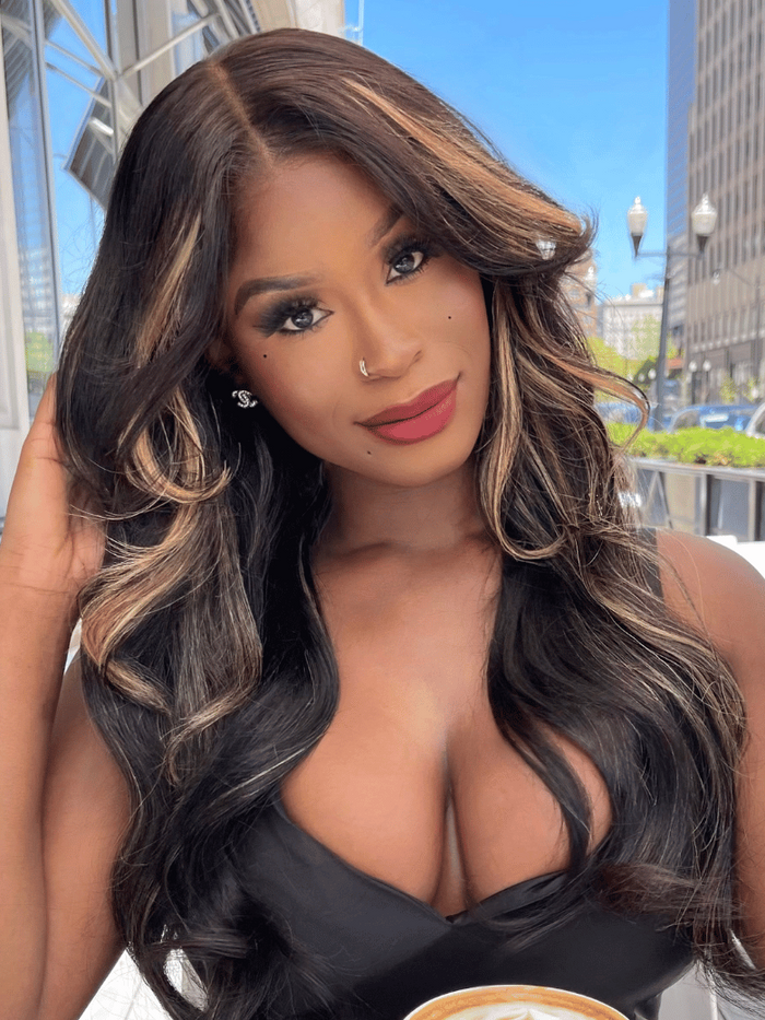 [22"=$119] 7x5 Bye Bye Knots™ Glueless Lace Wig Black With Blonde Highlights 3D Body Wave Bleached Knots