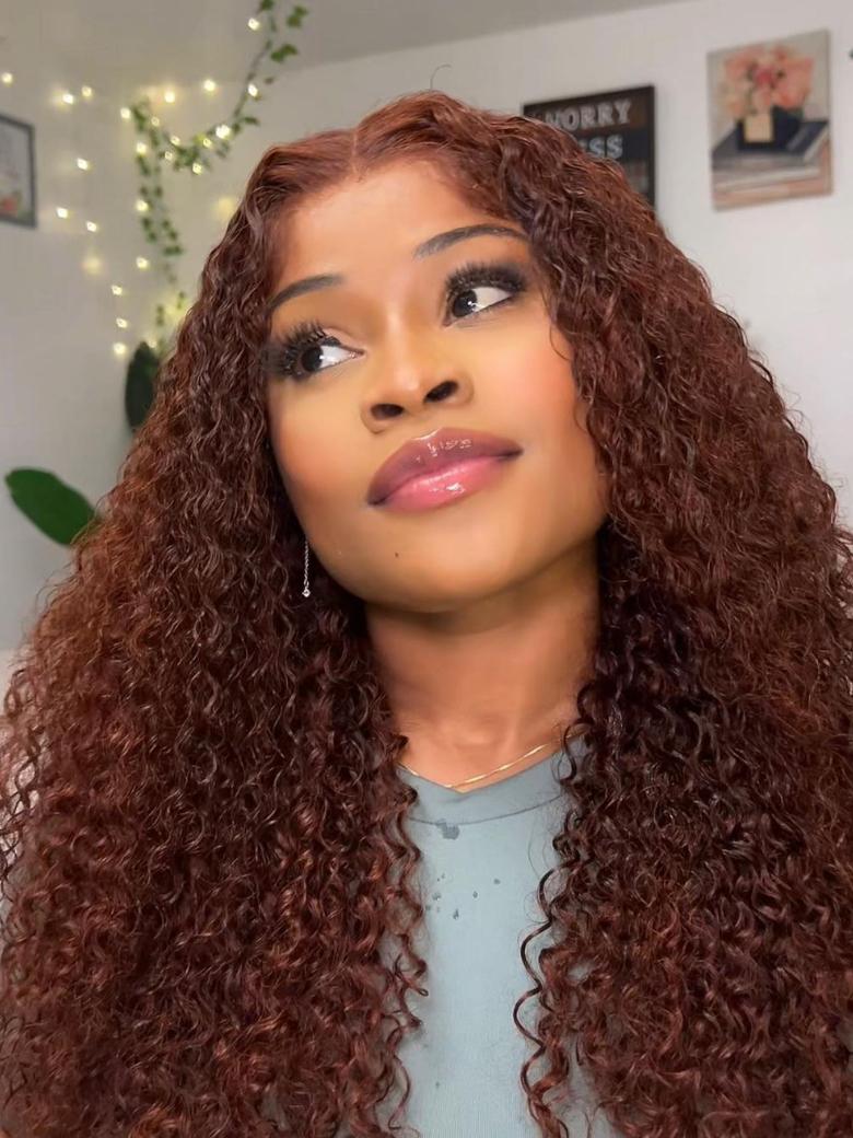 7x5 Glueless Lace Bye-Bye Knots Wig Reddish Brown Curly Wig With Bleached Knots 150% Density