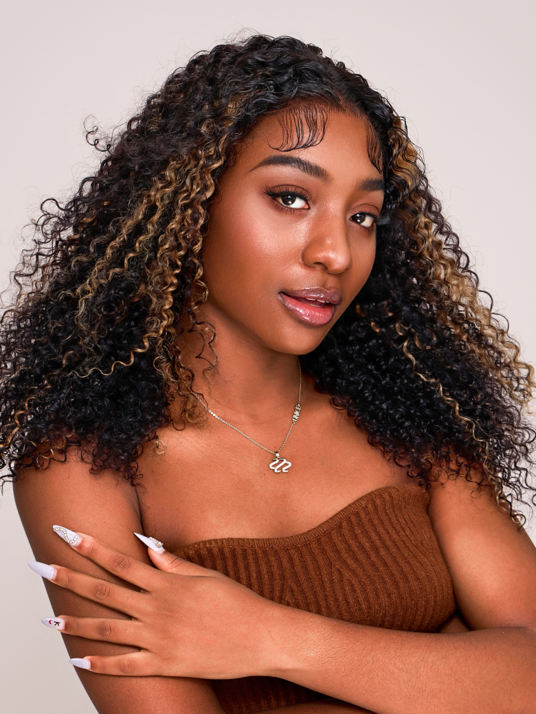 [From 20"] 6x4.5 Pre Cut Lace Curly Wig Put On And Go Quick Easy Black With Blonde Highlights 150% Density