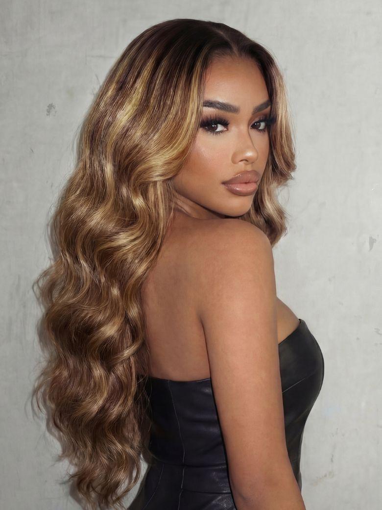 UNice Bye-Bye Knots™ 7x5 Lace Honey Brown Highlights Body Wave Drawstring Wig with Dark Roots